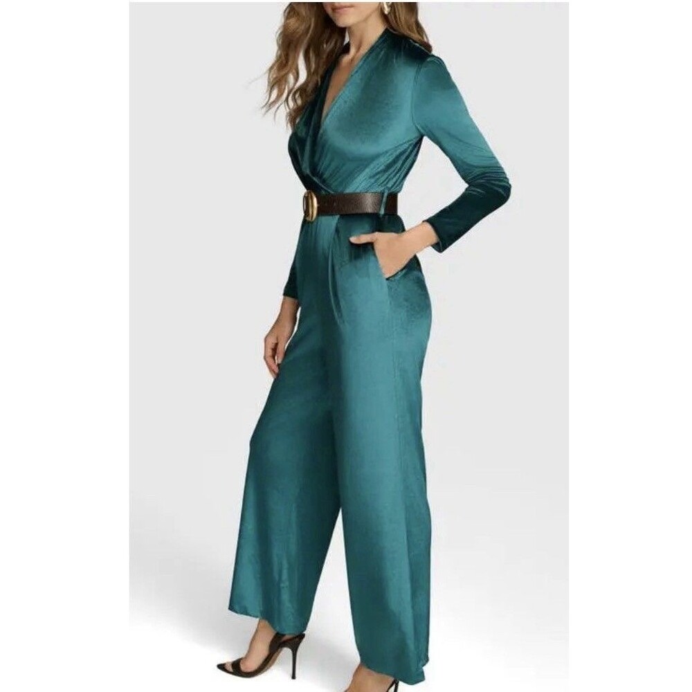 Donna Karan New York Women's Green Belted Velvet Jumpsuit Size 16 - Picture 3 of 13